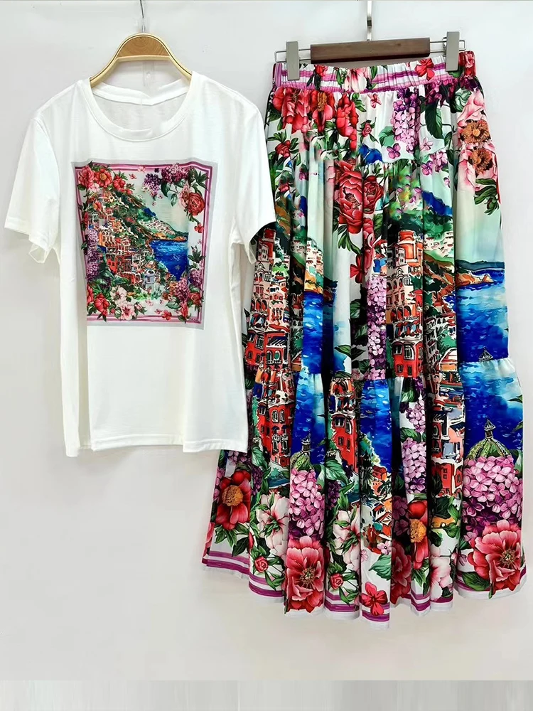 Geometrically printed T-shirt with round neck and short sleeves+big swing skirt Spring and summer two-piece dress elegant suit