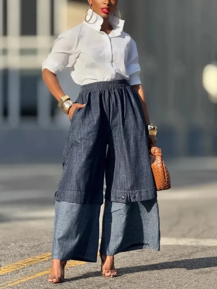 

Новинка 2023 года, женские лоскутные широкие джинсы с высокой талией, джинсовые повседневные брюки, свободные уличные брюки на пуговицах, низ