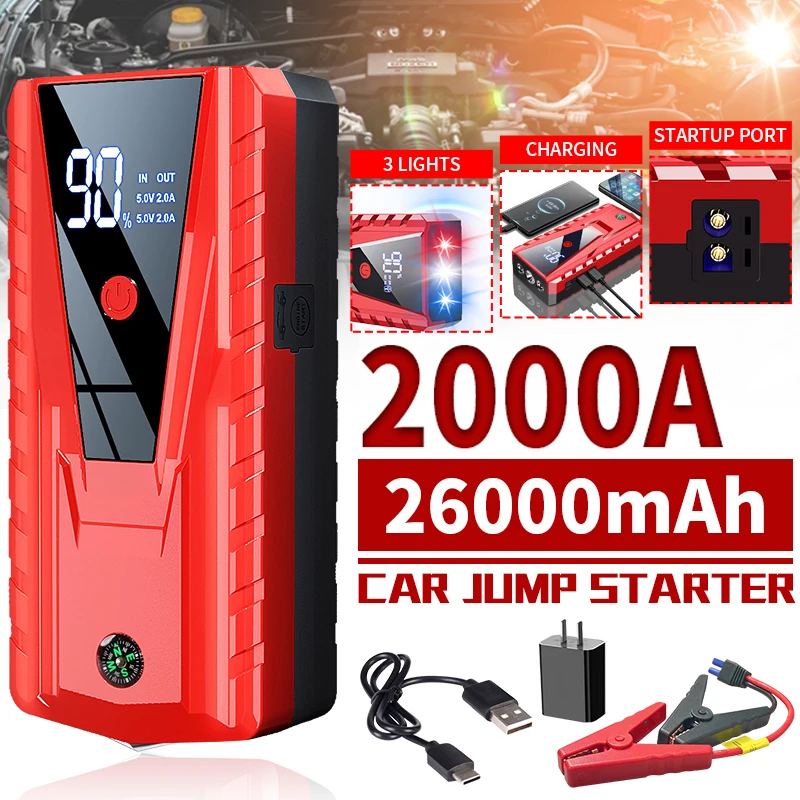26000mAh 2000A Portable Car Jump Starter Power Bank Booster Starting Device For 12V 6L Emergency Start-up Car Battery Charger