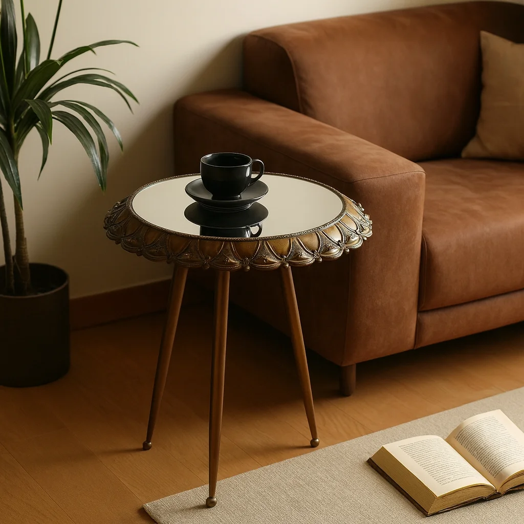 British Retro Round Side Table ，Wrought Iron Mirrored Glass End Table for Sofa, Vintage Coffee Table with Tempered Top