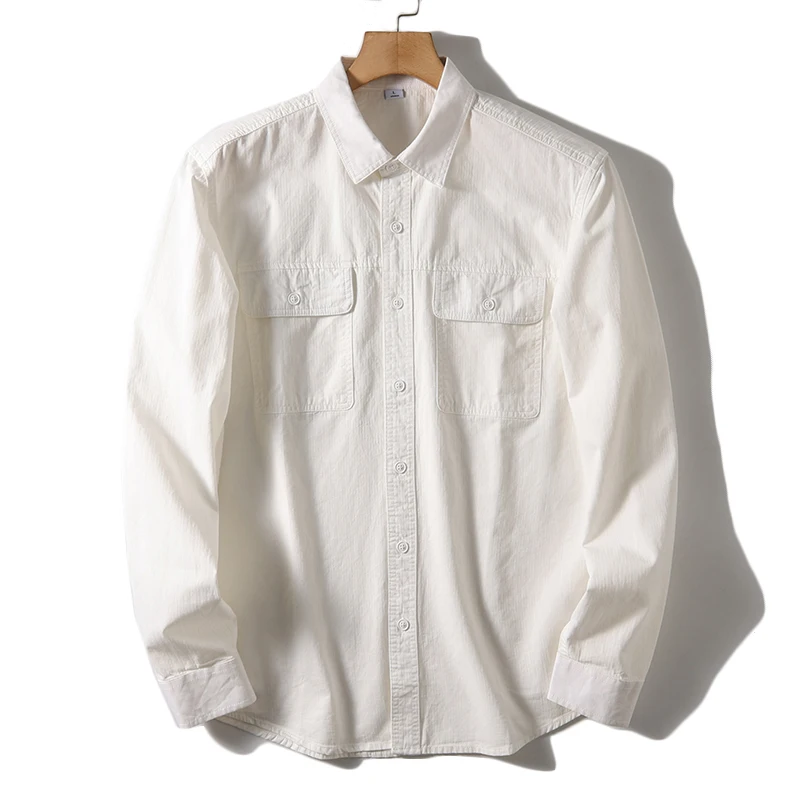 New Men\'s Business Fashion Casual Day All Cotton Retro Gentleman Solid Color Working High-end Double Pocket Long Sleeve Shirt