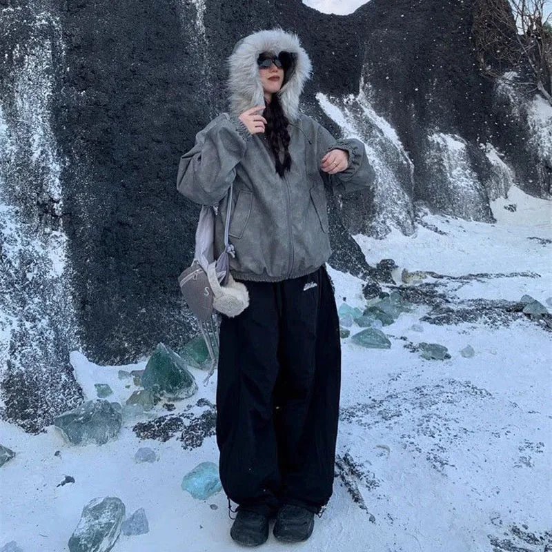 Zimowe Grube Ciepłe Spodnie Polarowe Damskie Y2K Amerykańskie Retro Luźne Spodnie Dresowe Damskie Harajuku Z Wysokim Stanem Hip Hop Szerokie Nogawki