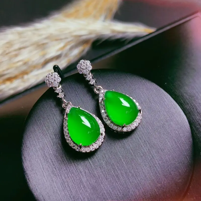 Chinese-style inlaid jadeite green chalcedony drop earrings, new Chinese-style pink chalcedony stud earrings, new Chinese-style 2