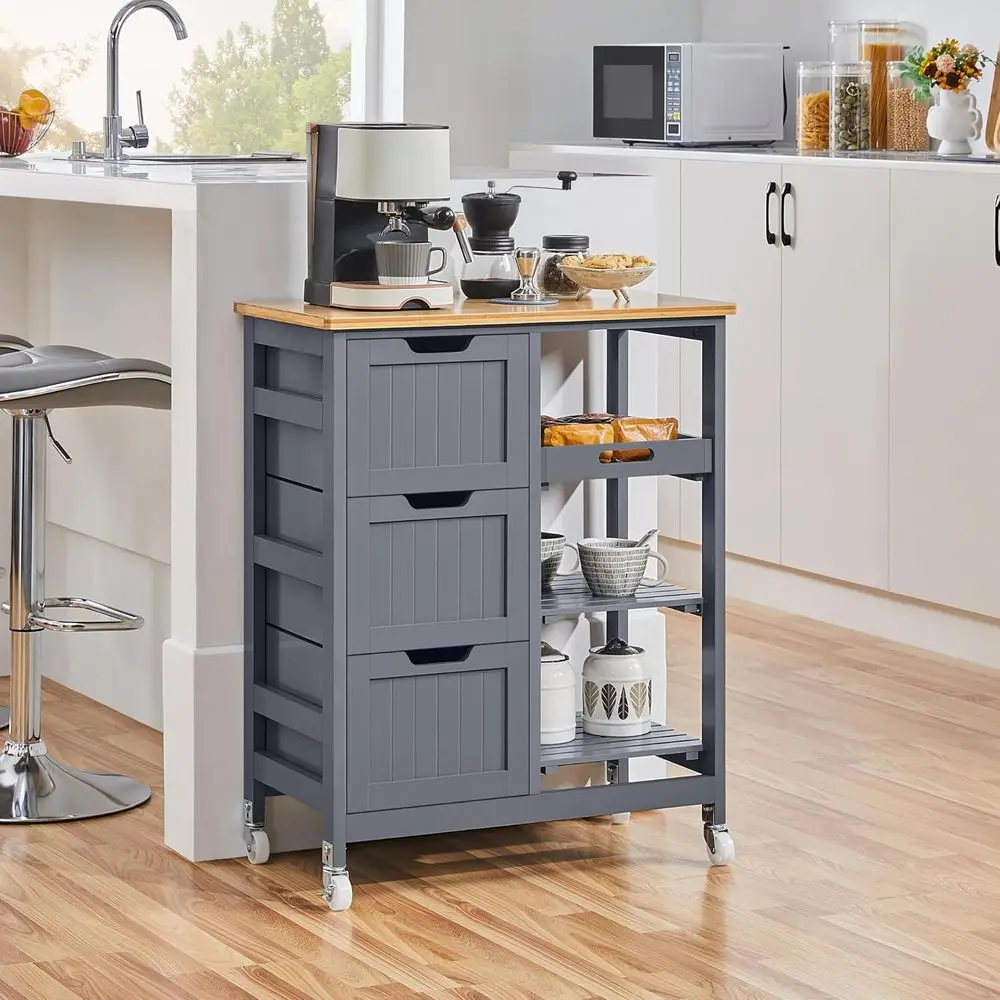 Kitchen Island Cart on Wheels, Rolling Storage Cart with Bamboo Countertop, 3 Ders, 3 Removable Shelves & Lockable Casters or Di