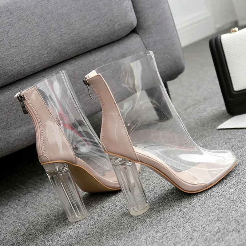 Sexy PVC Transparent Ankle Boots Women Back Zipper Design Botas Mujer Pointed Toe Clear High Heels Spring Autumn Shoes for Women