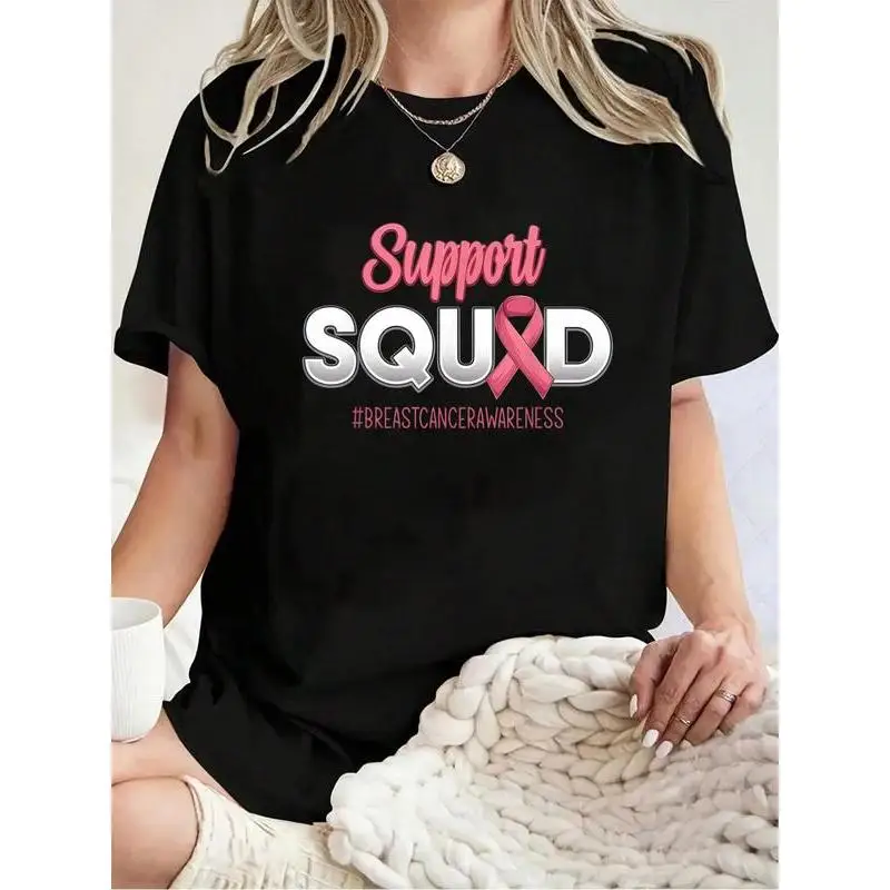 

Pink Ribbon "Support Squad" Breast Cancer Awareness T-Shirt, October Month Gift, Hope Fighter Tee for Women & Men