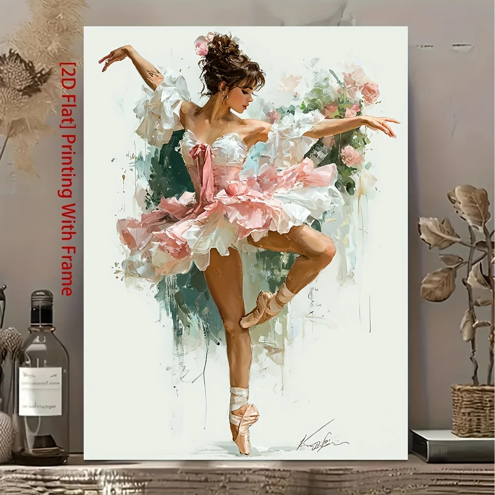 (No frame)1pc, [2D Flat] with Frame, 12X16 Inches, Elegant Watercolor Ballerina Art Print, Ready to Hang Home Decor for Dance