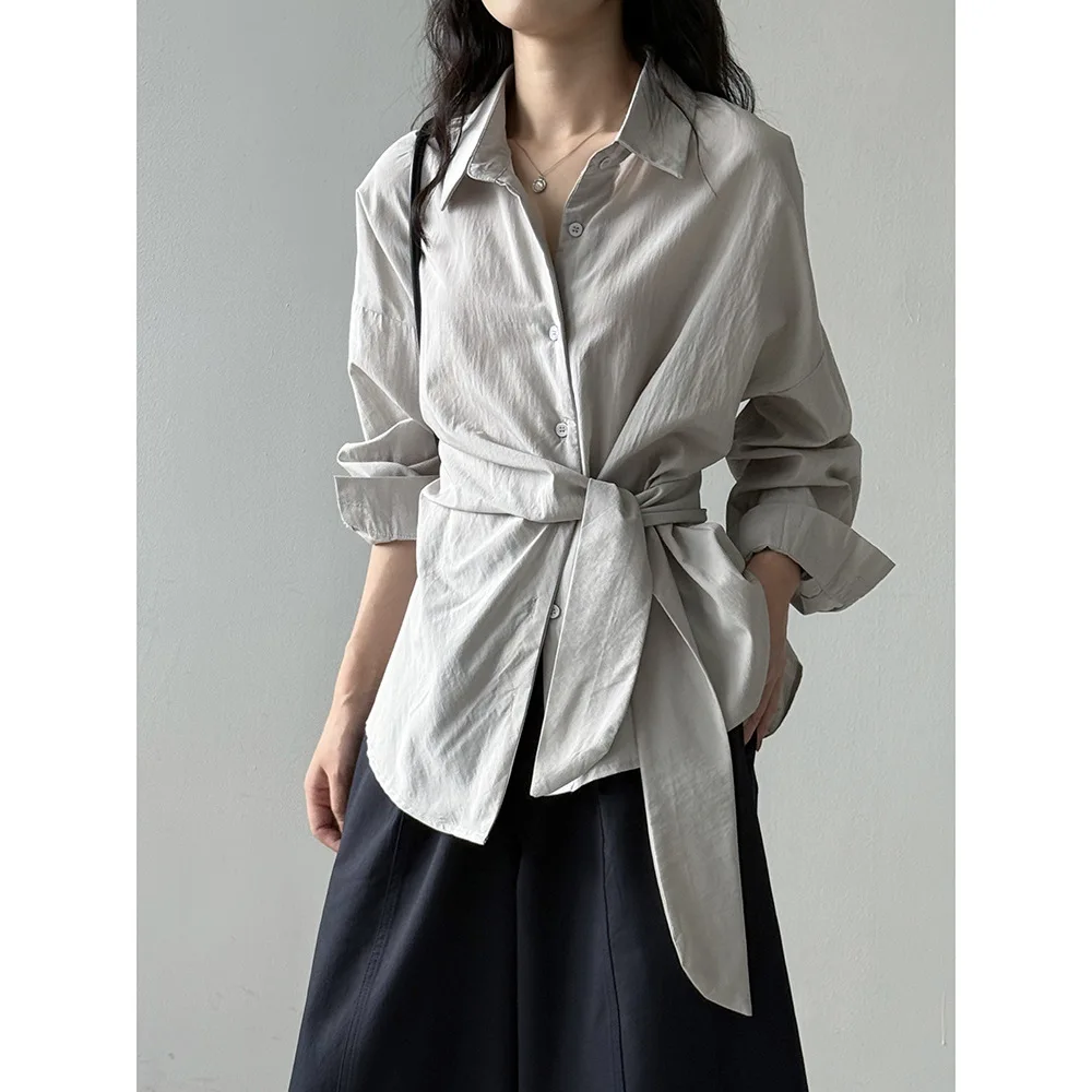 

SuperAen хлопковая рубашка с поясом на талии, женская осенняя однобортная свободная и тонкая рубашка с лацканами, топы