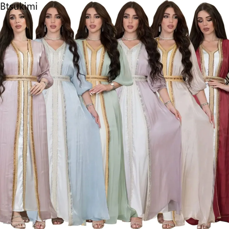 

Morocco Elegant Evening Dresses Women Luxuty Satin 3 Piece Sets Turkey Dubai Abayas Muslim Dress Sets Saudi Arab Kaftan Vestidos