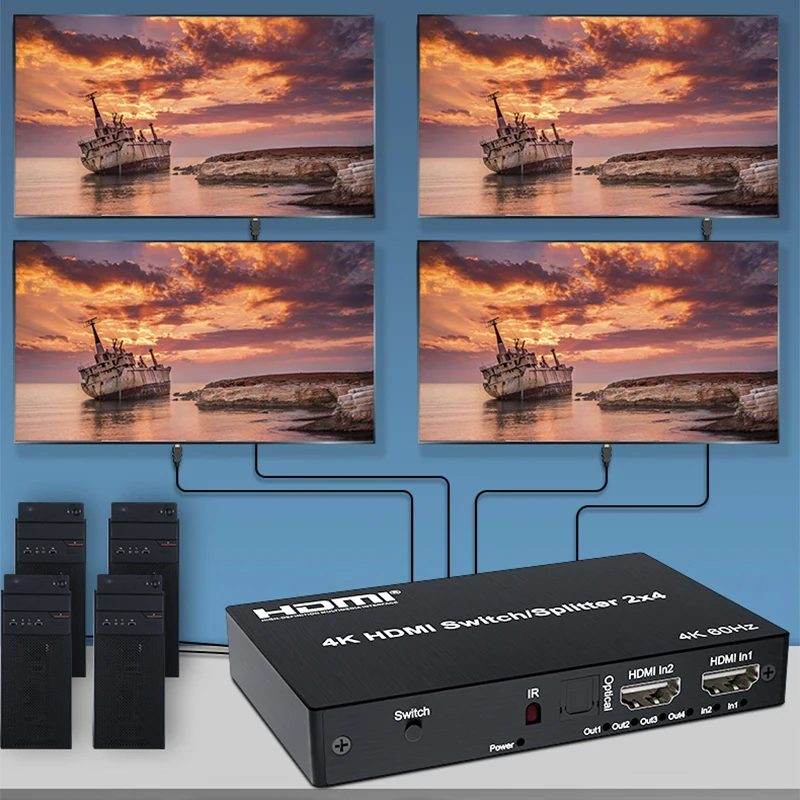 4K @ 60Hz 2x4 przełącznik 2 w 4 Out kompatybilny z 5M/30M rozgałęźnik rozgałęźnika z ekstraktor Audio dla 4 ekran wyświetlacza