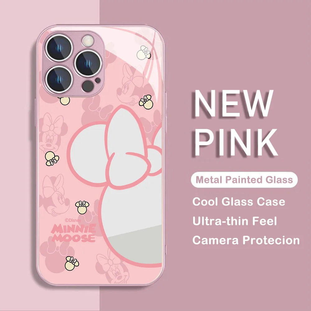 Cute Mickey Minnie Metallic-Color Phone Case For iPhone X XR XS 16 15 14 13 12 Mini 11 Pro Max 7 8 SE 20 Plus Glass Hard Cover