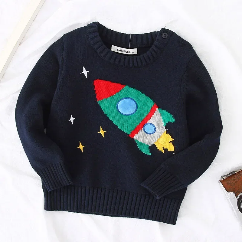 Christmas Kids Baby Boys Girls Long Sleeve Cartoon Rocket Pullover Sweaters Casual Autumn Baby Boy Girl Knit Children's Sweaters