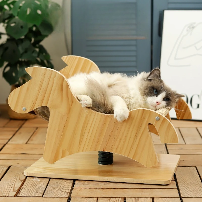 

Твердая древесина, деревянная лошадь, кошка, скалолазание, мультяшное кресло для отдыха для домашних животных, кресло-качалка с весенними кошками, кровать для шлифования лап, игрушка для домашних животных, гнездо