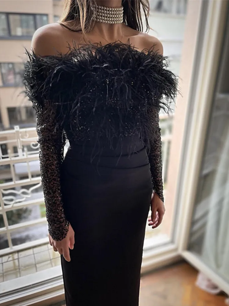 Chic Women Luxury Sexy Long Sleeve Sequins Feather Black Bodycon Bandage Jumpsuit 2024 Celebrity Designer High Street Rompers