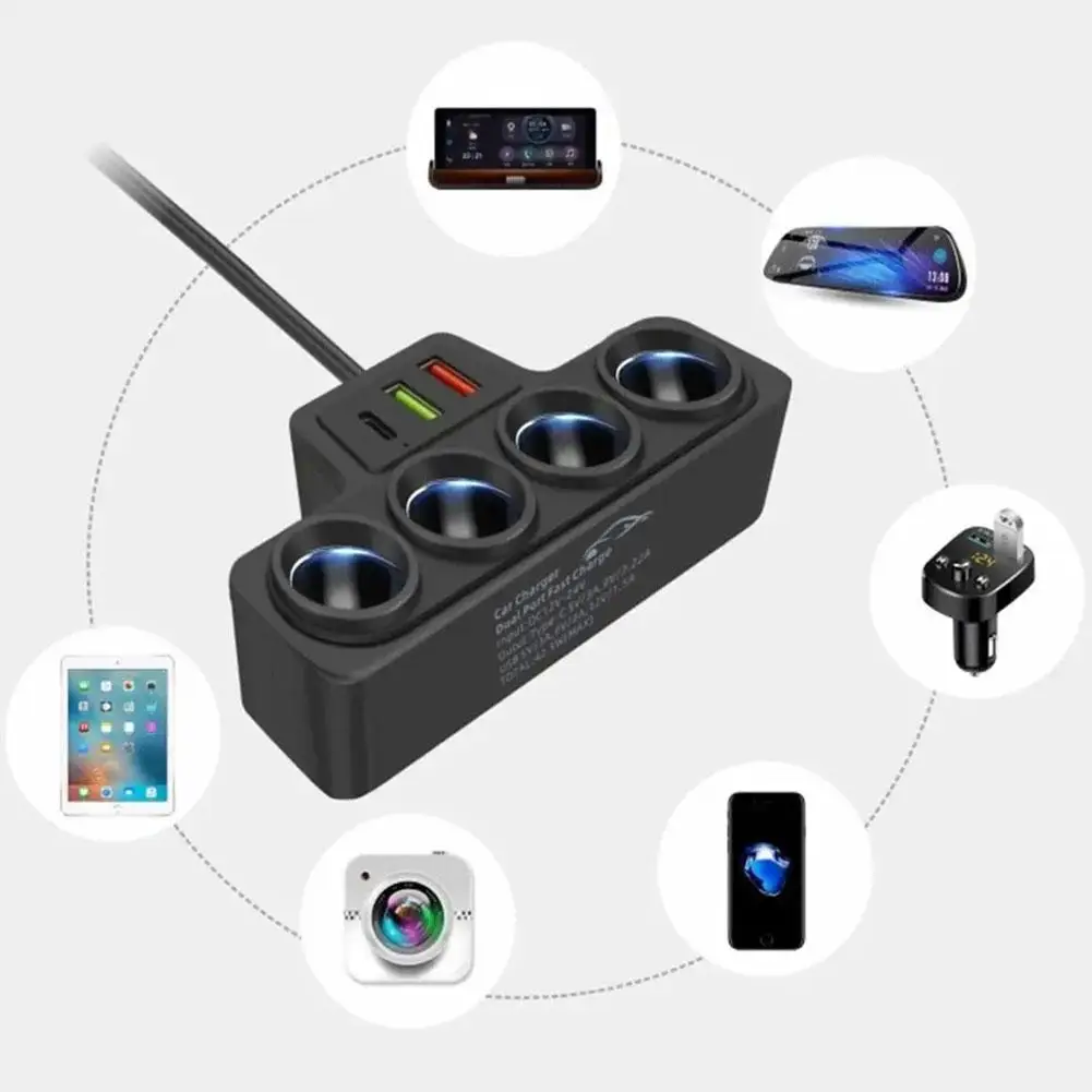 4-in-1 Car Charger QC3.0 - Dual USB + PD Cigarette Lighter Splitter for Fast Charging 4 Devices Simultaneously