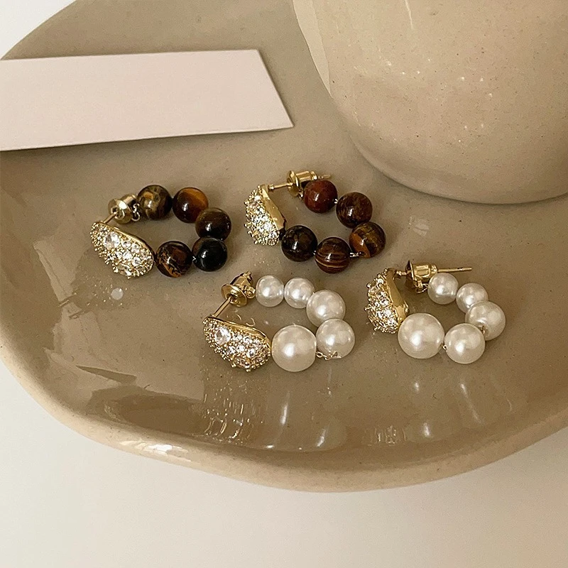 

Vintage Tigereye Imitation Pearl Pendant Earrings for Women Luxury Zircon 925 Silver Needle Hoop Earrings Wedding Jewelry Gifts