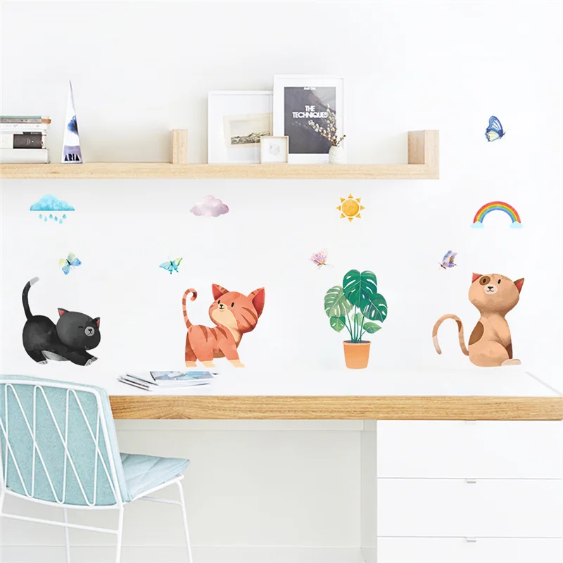 Naughty Kitten Wall Sticker For Kids Room Baseboard Home Decoration Diy Cartoon Animals Mural Art Cat Wall Decal Pvc Poster