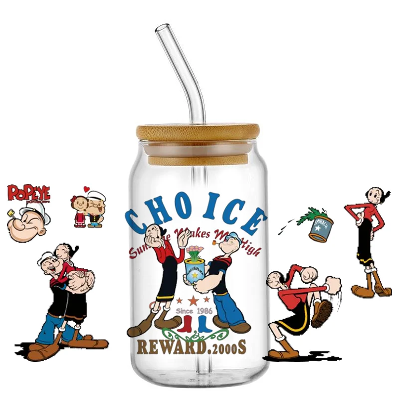 السبانخ عاشق الأشعة فوق البنفسجية DTF نقل ملصق بوباي بحار ملصق مائي كأس التفاف ل 16 أوقية ليبي نظارات لتقوم بها بنفسك قابل للغسل القدح ملصق #3