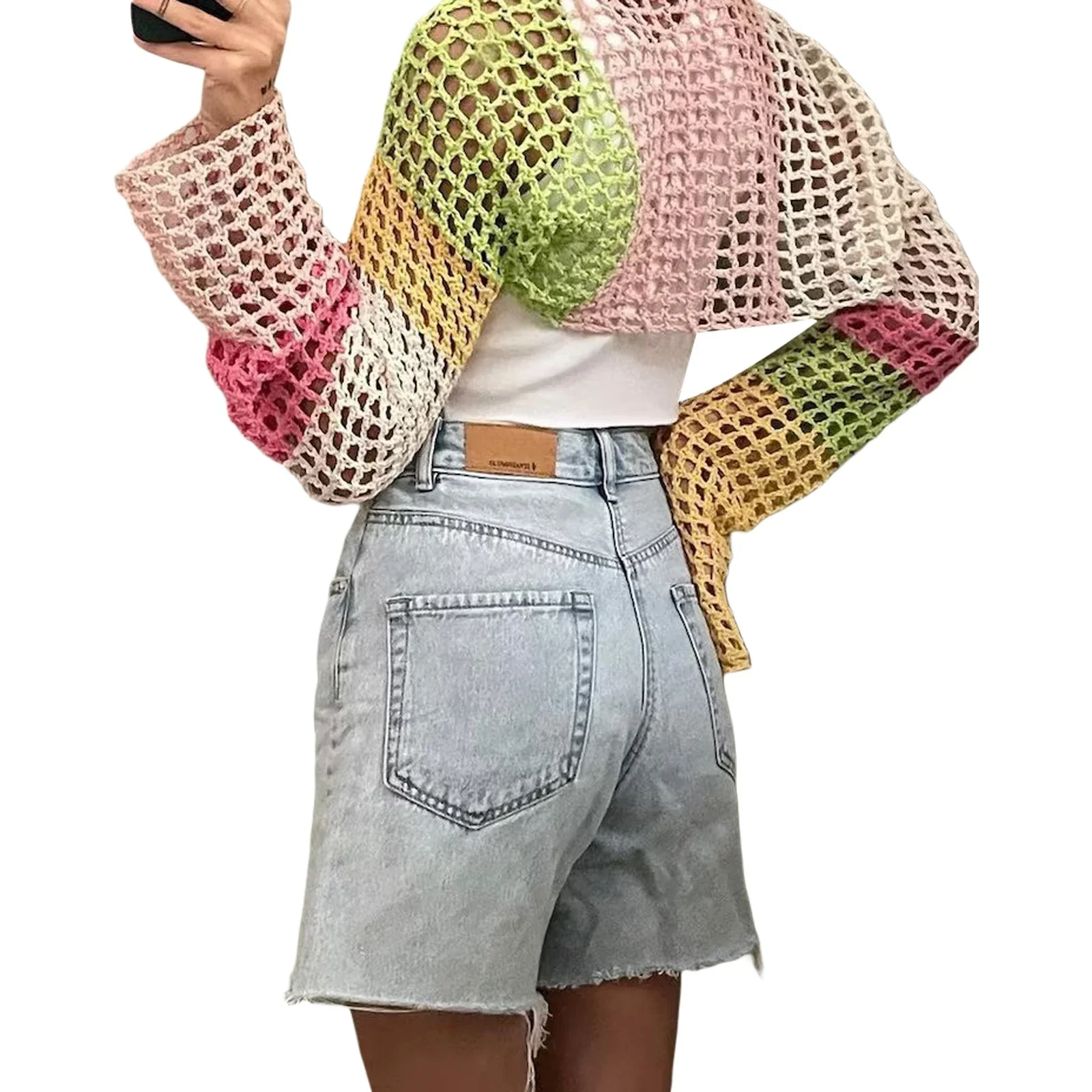 Women Mesh Shrug Long Sleeve Crochet Contrast Color Ladies Summer Crop Tops for Daily Party