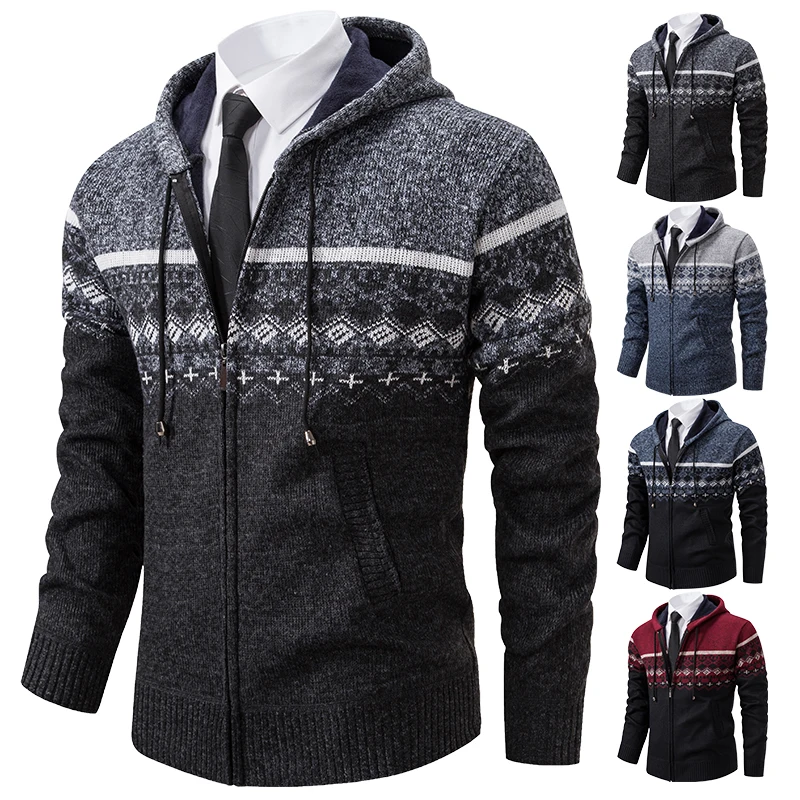 Warm men\'s jackets in autumn and winter men\'s Korean version of hooded men\'s knitted cardigan plus velvet padded jacket