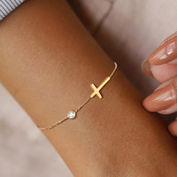 Huitan Simple Single Chain Bracelet for Women Fancy Cross Charm with Shiny CZ Fashion Versatile Female Hand Jewelry Wholesale