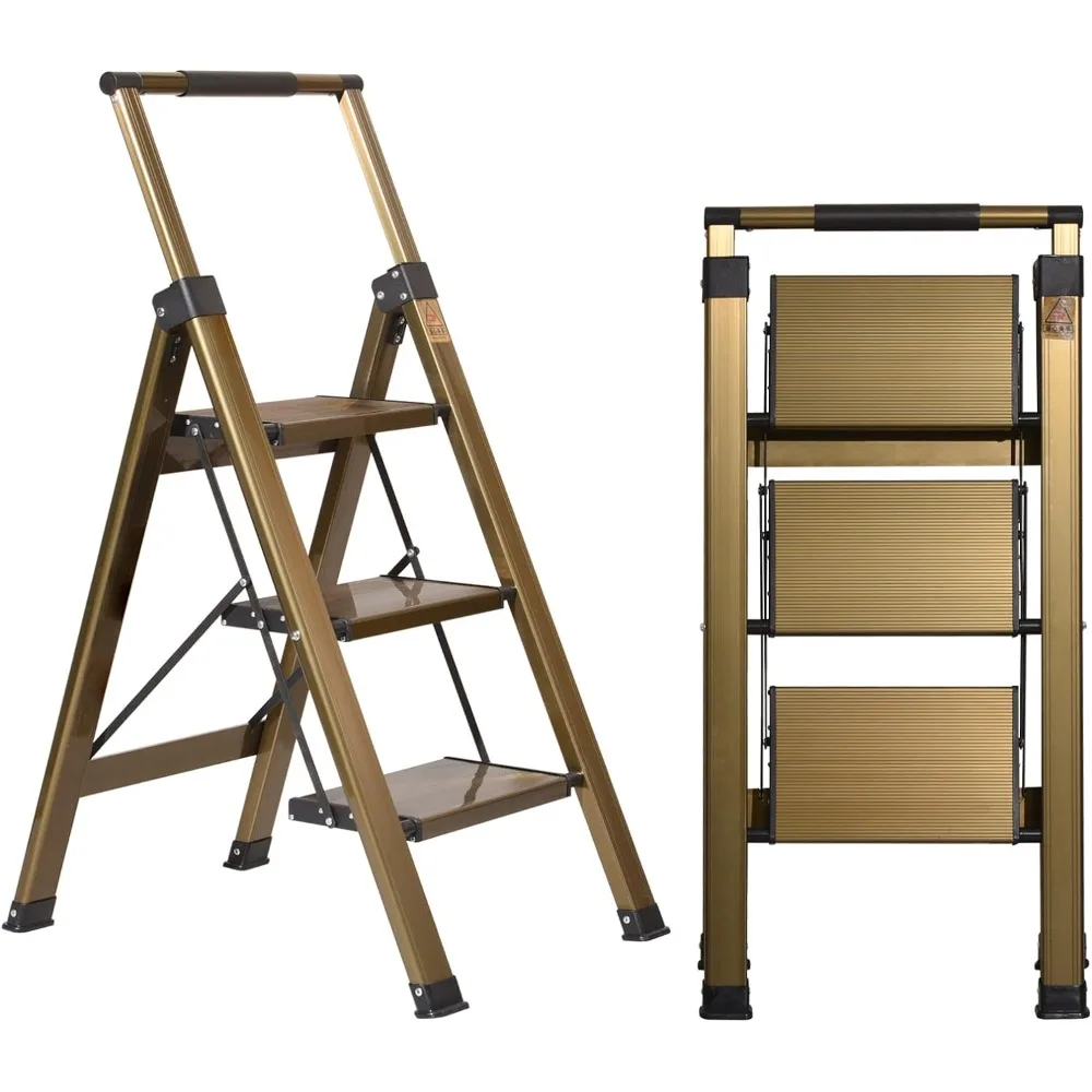 

3 Step Ladder, Retractable Handgrip Folding Step Stool Ladders with Anti-Slip Wide Pedal, 330lbs Safety Household Ladder