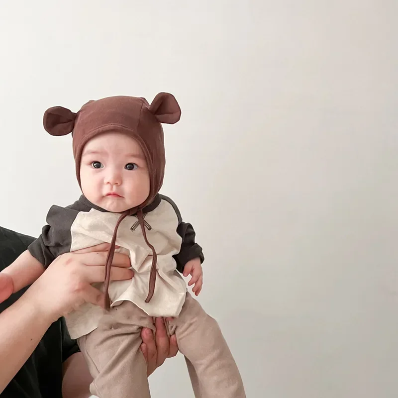 Gorro de dibujos animados para recién nacido, gorro con orejas de oso de conejo, Color sólido coreano, primavera y otoño