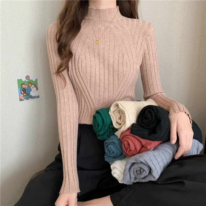 

Pop Knitted Sweaters Women Ribbed Pullover Half Turtleneck Jumper Sweater Autumn Winter Slim Chic Streetwear Long Sleeve Y2K Top