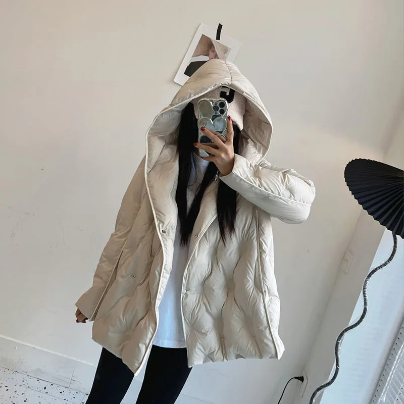 Women White Duck Down Jacket with Hood Warm Autumn Winter Argyle Outwear Solid Color Luxurious A-lined Coat 2024 New