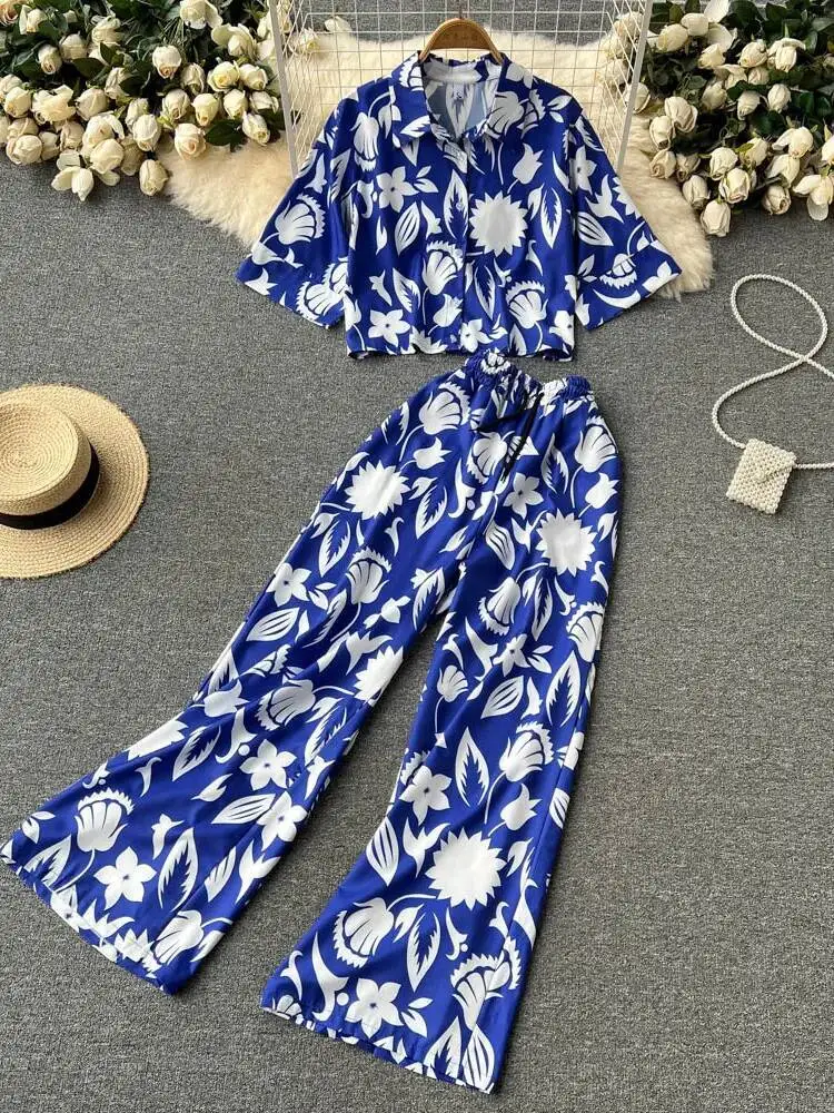 Women Printed Two Piec Sets Summer Short Sleeved Polo Collar Shirt Straight Leg Loose Long Pants Casual Suits Flroal Outfits