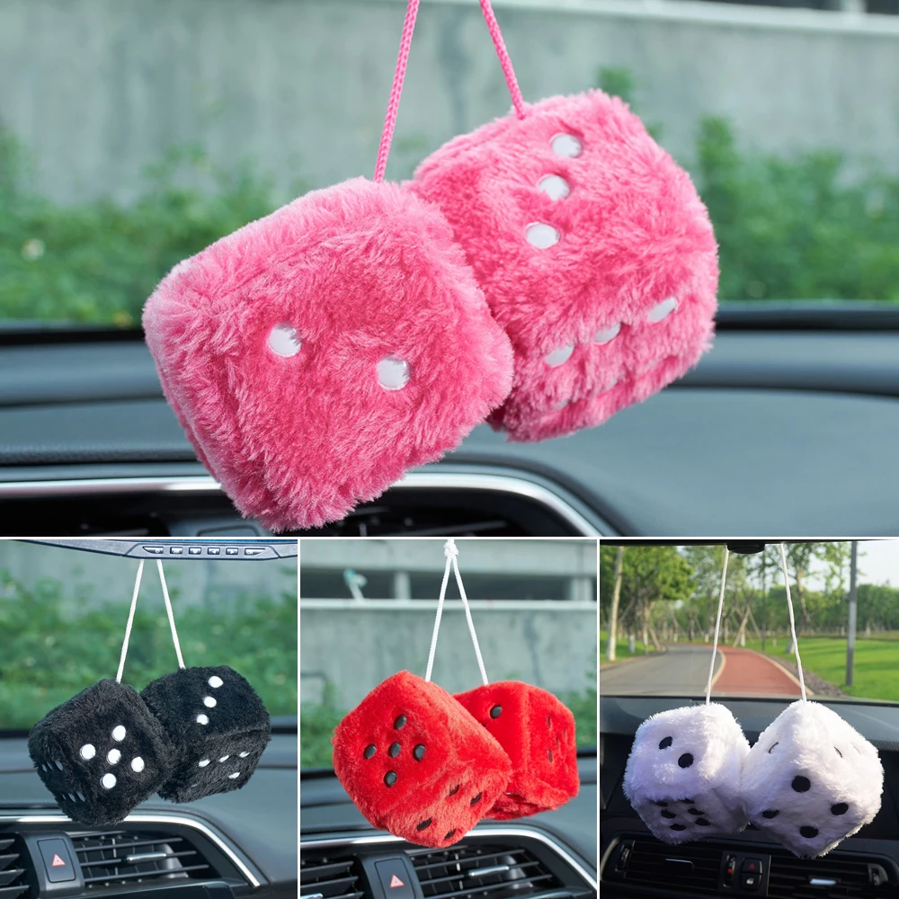 

Auto Pendants Fuzzy Plush Dice Dots Rear View Mirror Hanger Cube Decoration Car Styling Accessories Ornament 1 Pair