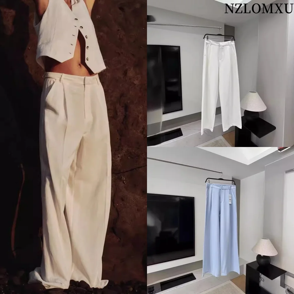 

Women Fashion With Darts Front Pockets Wide Leg Pants Vintage High Waist Zipper Fly Female Trousers Mujer