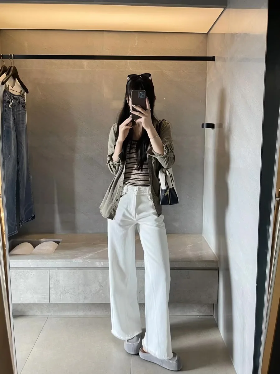 Spring 2026 New Style White Cotton Denim Pants High Waist Straight Leg Jeans Frayed Hem Women's Premium Quality Ladies Jeans