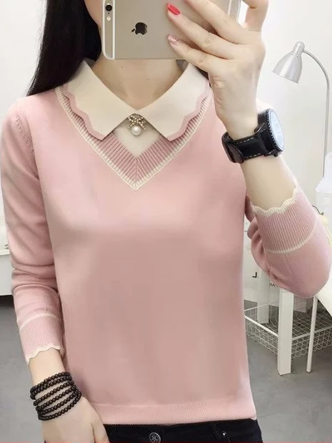 

Вязаный свитер Sweet Sle для женщин, базовый слой, имитация двухслойности, с длинными рукавами, воротником, ультракороткой длиной, цветной