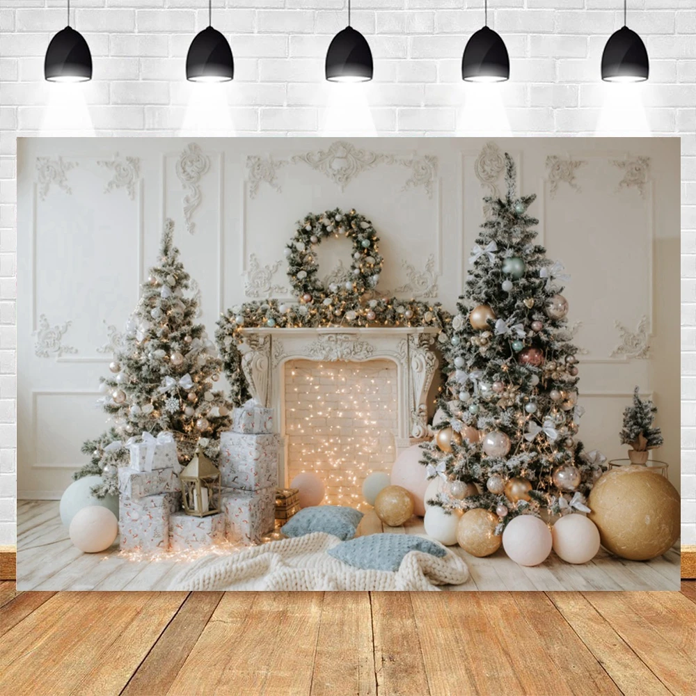 White Christmas Photography Backdrops Interior Fireplace Christmas Tree Home Decor Family Portrait Birthday Party Background