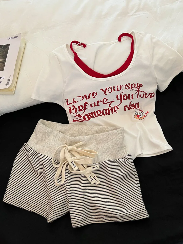 

Комплект Sweet Girl с принтом ort Sve Spwear Set Женская летняя домашняя одежда Комплект из двух предметов с нагрудником Повседневная удобная одежда