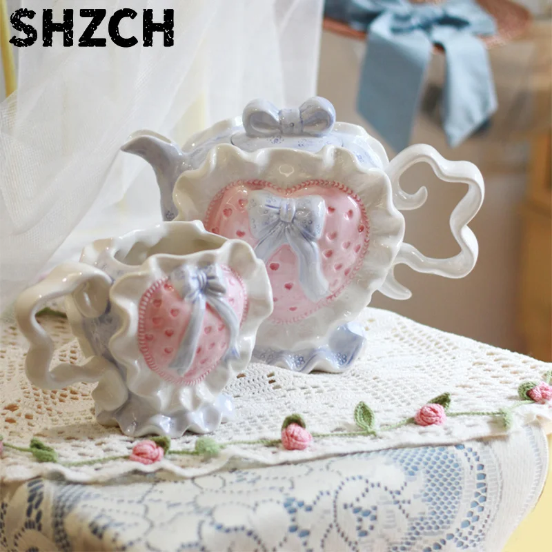 ‌Vintage Ceramic Mug & Heart Shape Teapot, Pink Ornamental Decor Plate, Housewarming Birthday Gift Set for Valentine's Day