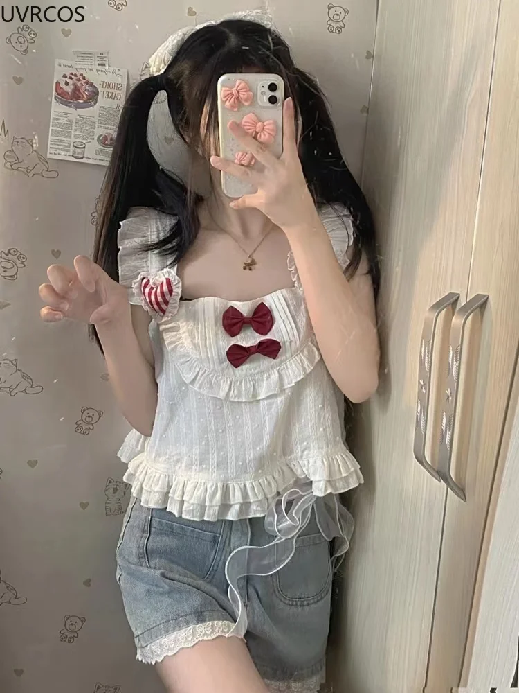 شيك الأبيض لوليتا تانك توب جرلي الحلو اليابانية لطيف كبير القوس المحاصيل Vset المرأة عادية مثير شاطئ بروتيل Harajuku Kawaii الملابس #5