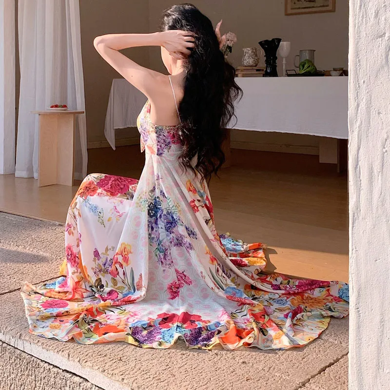 Holiday Beach Sling Party Long Dress For Women Summer Flowers  Print Chiffon Sexy V-Neck Backless Casual Boho Party Dress