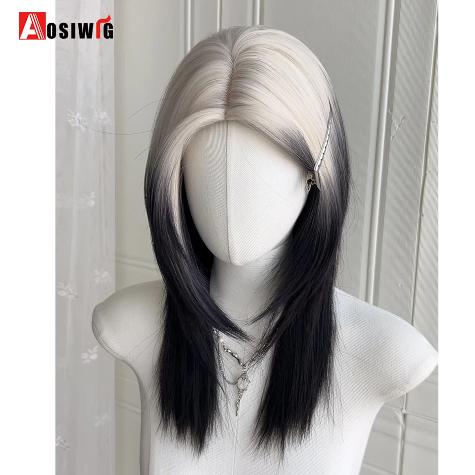 AOSI Short Mullet Head Wigs Synthetic With Bangs Straight Anime Men Black Gray Hair Wig For Daily Party Cosplay Lolita Wig