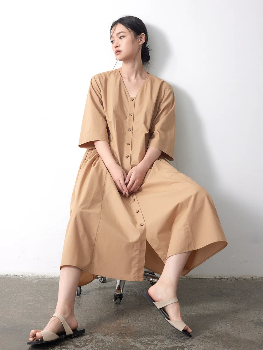 

Summer New Sle Women's Cotton Linen V-ne Loose Midi Dr Long Skirt Hem Soft Korean Sle Commute Casual Pure Color