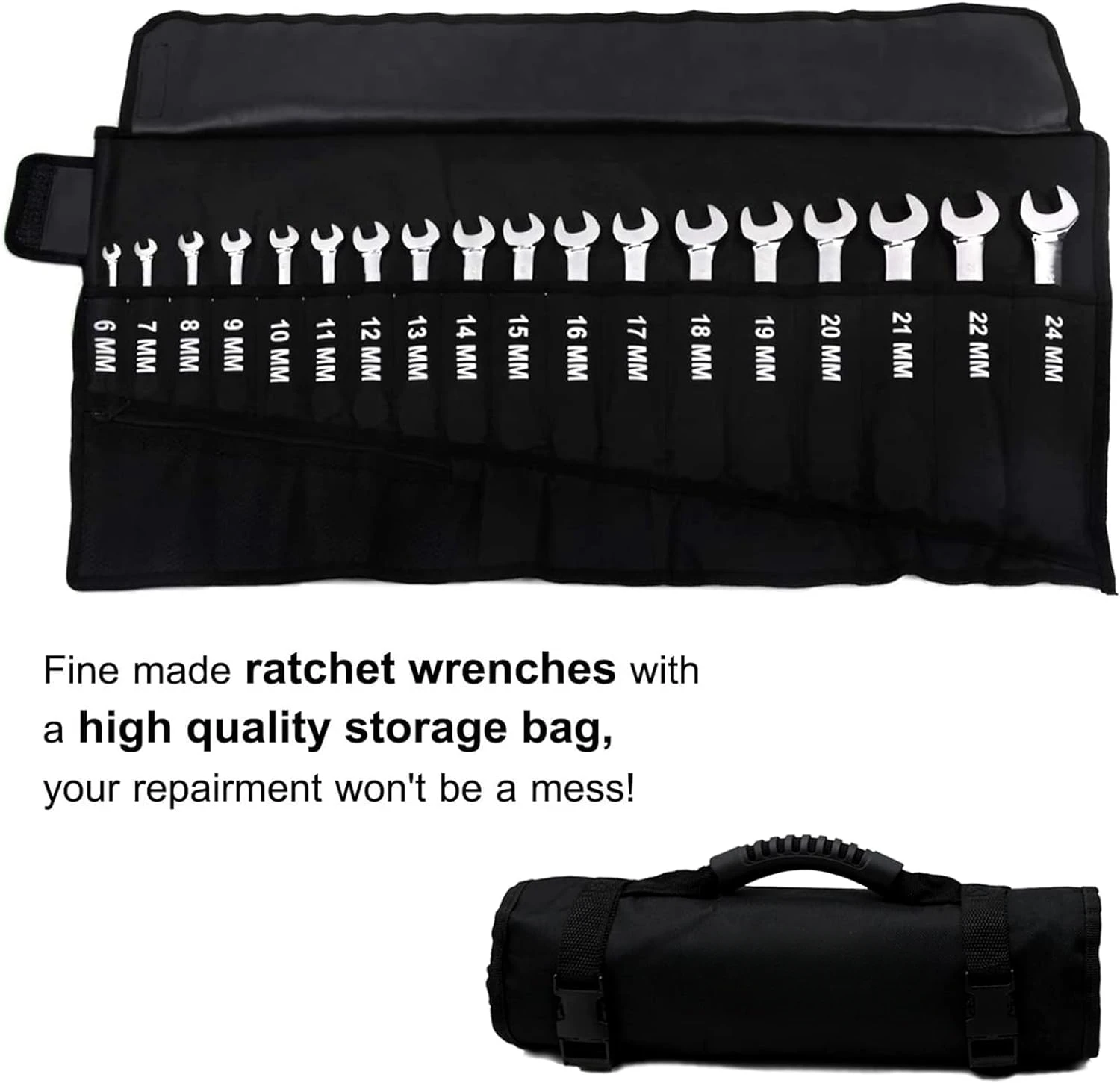 18pc Metric Wrench Set, 6 Mm - 24 Mm Chrome Vanadium Steel Ratcheting Wrench Set with A Roll Up Storage Bag Hand Tools