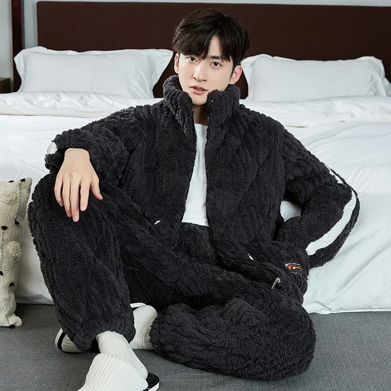 Winter Pajamas Men's Thickened Coral Fleece Triple Layer Warm Nightwear Cardigan Zipper  Male plus size loungewear set Dropship