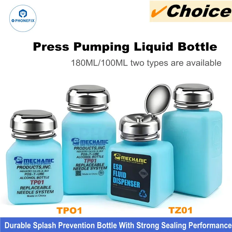 100/180ML Press Pumping Alcohol Bottle with Stainless Steel Cap for Mobile Phone Repair Clean Anti Static Plastic Container