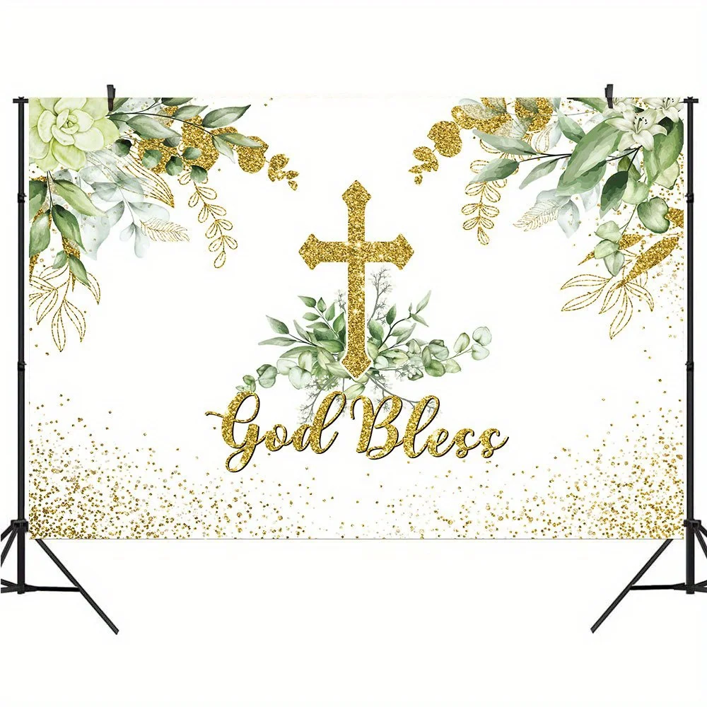 Multi-functional vinyl First Communion and Baptismal background - green leaf cross design suitable for cake table decoration