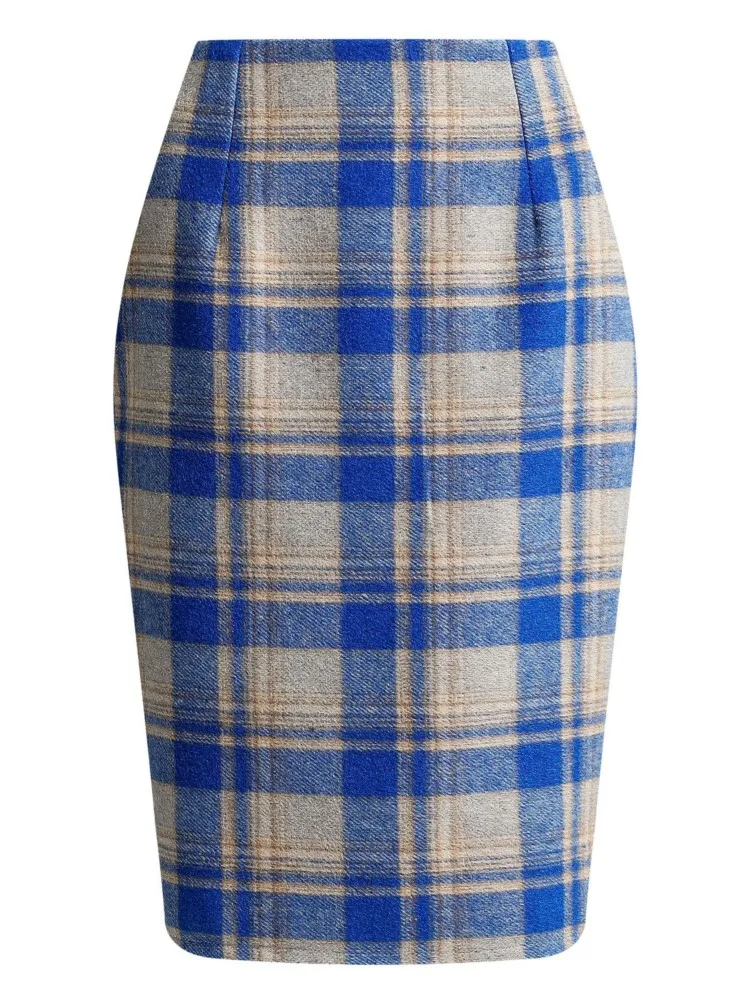 Autumn Winter Plaid Wool Knee-length Skirt For Women Woolen Checked Vintage Office Ladies High Waist Pencil Bodycon Skirt