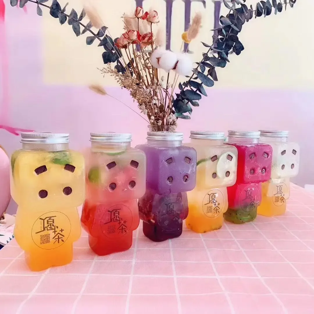 10pcs 500ml Creative Cartoon Disposable Cup Bottle Plastic Beverage Bottle Milk Tea Cup Milk Tea Shop Takeaway Packaged Bottle