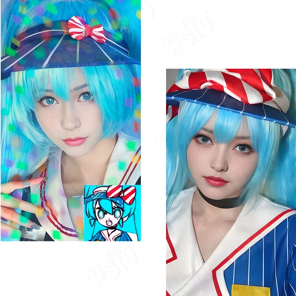 HSIU-Peruca Meserizer Cosplay, Azul Claro, Rabo de Cavalo Duplo, Cabelo Comprido, Resistente ao Calor, Peruca Sintética, Boné, Anime, 90cm