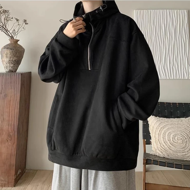 Men Zip-up Hoodie Hooded Sweatshirt Streetwear Harajuku Hip Hop Casual Loose Tops Long Sleeve Black Color Pullover Sportswear