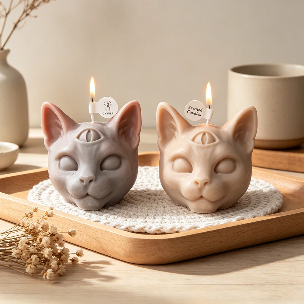 3D Mystic Third Eye Cat Silicone Candle Mold Gothic Sphynx Cat Head Shaped Silicone Mold for DIY Scented Plaster Soap Home Decor